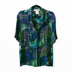 Vintage 80s/90s CM Shapes Abstract Gold & Purple Print Short Sleeve Button-Down